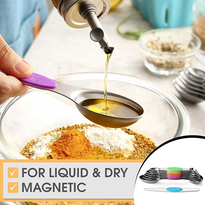 Spring Chef Stainless Steel Magnetic Measuring Cups, Set of 7 & Heavy Duty Magnetic Teaspoon & Tablespoon Measuring Spoons, Set of 8 with Leveler - 2 Product Bundle - Neon
