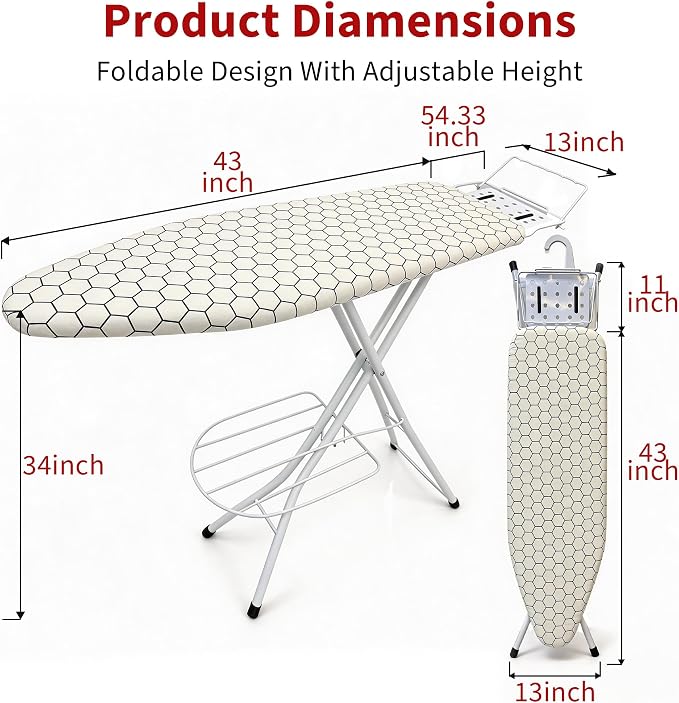 Ironing Board, 43"×13" with Iron Rest, Clothes Shelf & 7 Adjustable Height | Iron Board with Bulit-in Hook and Hanger Bar, 4 Layer Heat Resistant Cover and Pad for Home Apartment Laundry, Hexagon White
