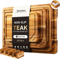 4 Pack Teak Wood Cutting Board Set with Holder Non Slip Over Sink Wooden Chopping Board for Fresh Meat Vegetable Thick Haus Perfect for Charcuterie Juice Groove Holiday Gift Ideas for Men and Women