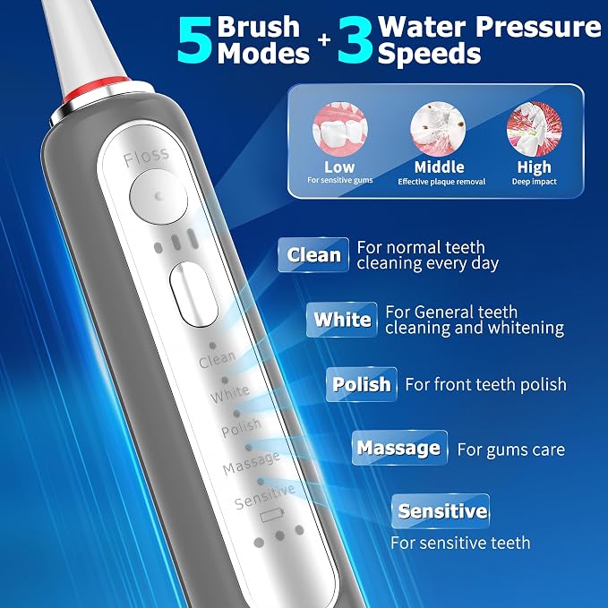 Electric Toothbrush with Water Flosser Combo,Sonic Flossing Toothbrush,Gray | 3-in-1,5 Brush Modes,500ML Tank,Gum Care,Braces Friendly ,Bridge Cleaning Sonic Toothbrush & Water Flosser Combo