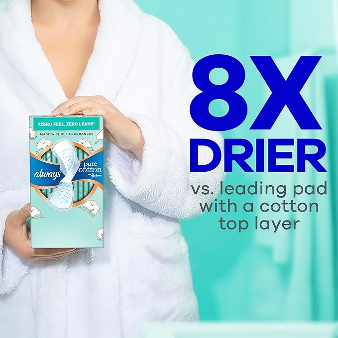 Always Pure Cotton Feminine Pads for Women, FlexFoam Pads with Wings, Size 2, Heavy Absorbency, Unscented, 72 Count (3 Packs of 24)