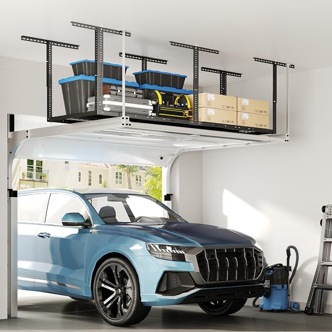 FLEXIMOUNTS 3x8 Overhead Garage Ceiling Storage Rack Adjustable, Hammertone | 750lbs Weight Capacity, 22"-40" Adjustable Organization System, Heavy-Duty Metal Ceiling Racks, Classic Series