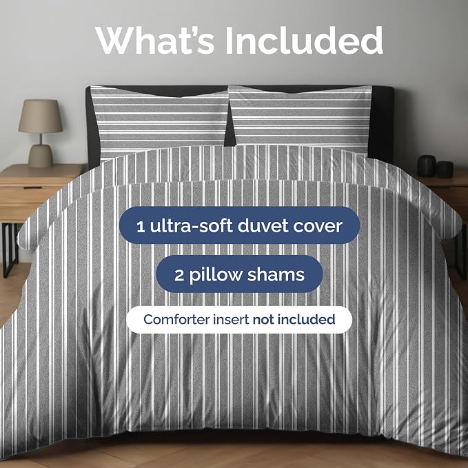 Duvet Cover King Size Set - Extra Soft King Duvet Cover 104" x 90" with 2 Pillow Shams for Women, Men, Kids & Teens - Hotel Luxury w/ Zipper Closures & Ties - Comfy, Cozy & Breathable (Grey Stripes)
