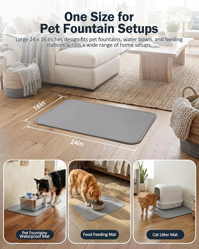 Dog Water Fountain Splash Mat, Waterproof Silicone Pet Feeding Mat, Non-Slip Floor Protector for Dog Water Bowl Dispenser & Cat Fountain, Raised Edge, Easy to Clean