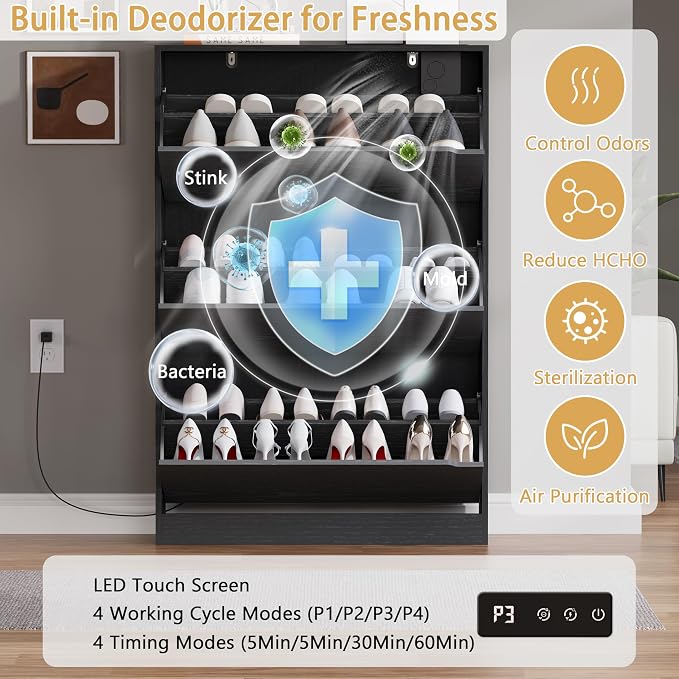 BORNOON Shoe Cabinet with Odor Control and Back Panels, Deodorizing Slim 3-Flip Shoe Storage Cabinet for Entryway, Freestanding Hidden Shoe Rack Organizer for Entrance, Hallway, Bedroom