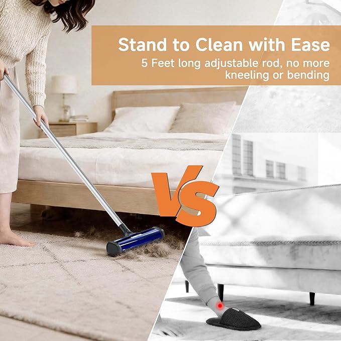 Carpet Hair Removal Tool, Long Handle Dog Hair Remover, Reusable Carpet Sweeper, Pet Fur Remover with Dust Container for Carpet, Rugs, Mats, Furniture, Upholstery