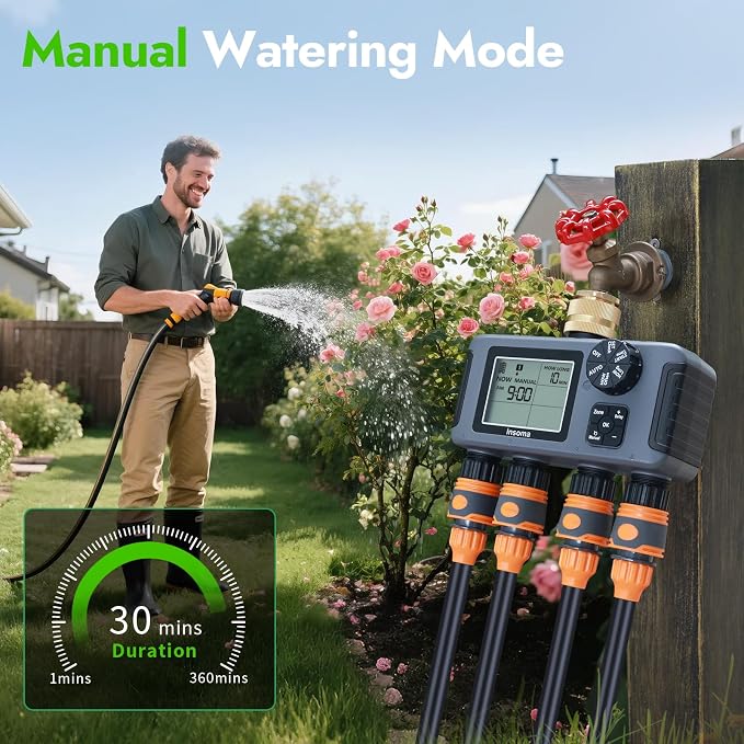 Insoma Water Timer with Brass Inlet & Outlet, 4 Independent Zones Outdoor Hose Timer for Garden Faucet with Auto/Manual/Rain Delay Mode, IPX5 Waterproof, Sprinkler Irrigation Controller for Yard Lawn