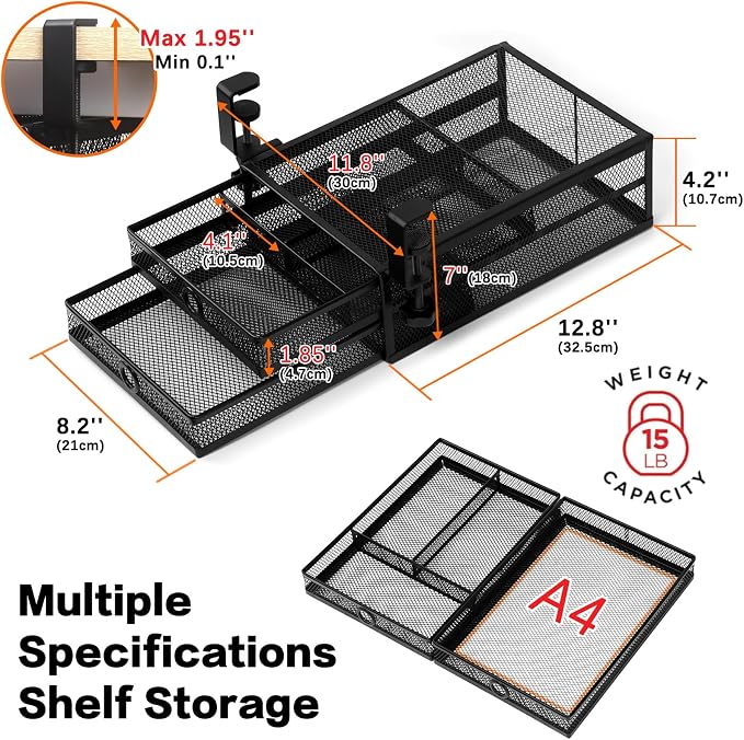 ROSYLINE Under Desk & Desktop Drawer Organizer, 2-Tier Big Capacity (Black) | Steel Construction, Clip-On No Drill Installation, Fits A4 Paper, for Office & Household Supplies
