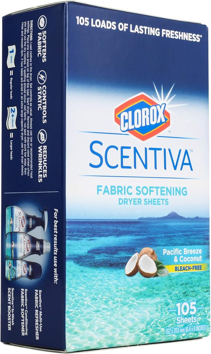 Clorox Scentiva Fabric Softener Dryer Sheets, Pacific Breeze & Coconut Scent - Wrinkle Reducing Scented Softening Laundry Dryer Sheets for Great Smelling Clothes, 105 Count