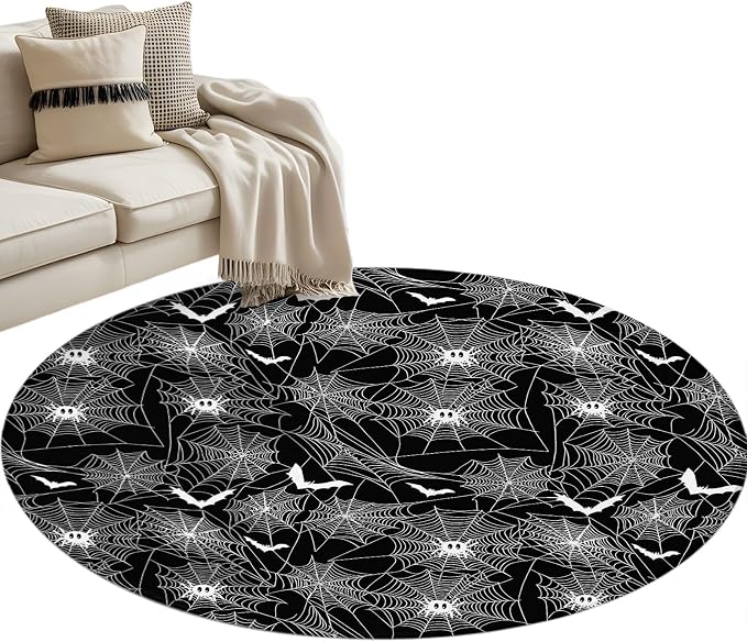 4 Ft Round Rug for Home Office, Halloween Indoor Accent Rugs for Living Room, Black Scary White Bat Animal Net Geometric Decorative Circle Carpet Washable Low Pile Non Slip, Soft Rug for Bedroom