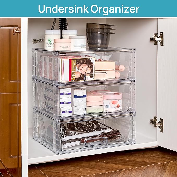 Vtopmart 8 Pack Stackable Storage Bins,Easily Assemble Clear Acrylic Bathroom Undersink Organizers,Plastic Storage Box for Kitchen Pantry,Medicine Organization