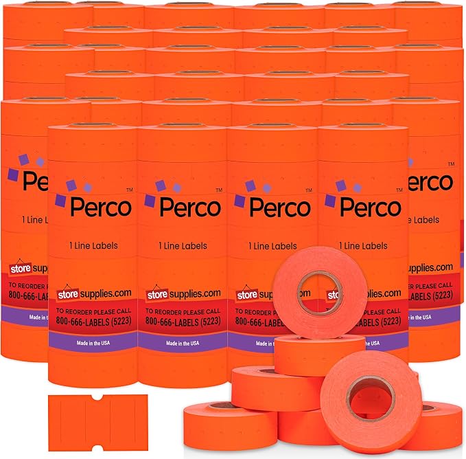 Perco 1 Line Fluorescent Red Labels - 240,000 Blank Pricing Labels for Perco Lite, X, Plus and Pro 1 Line Price and Date Guns - 240 Rolls, Case of 30 Sleeves - Made in USA