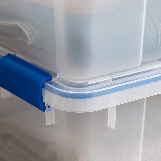 IRIS USA 4-Pack 26.5/44 Combo Qt Storage Bins with Gasket Lids, Clear/Blue | WeatherPro seal helps block dust and moisture Multiple sizes organize every room with confidence