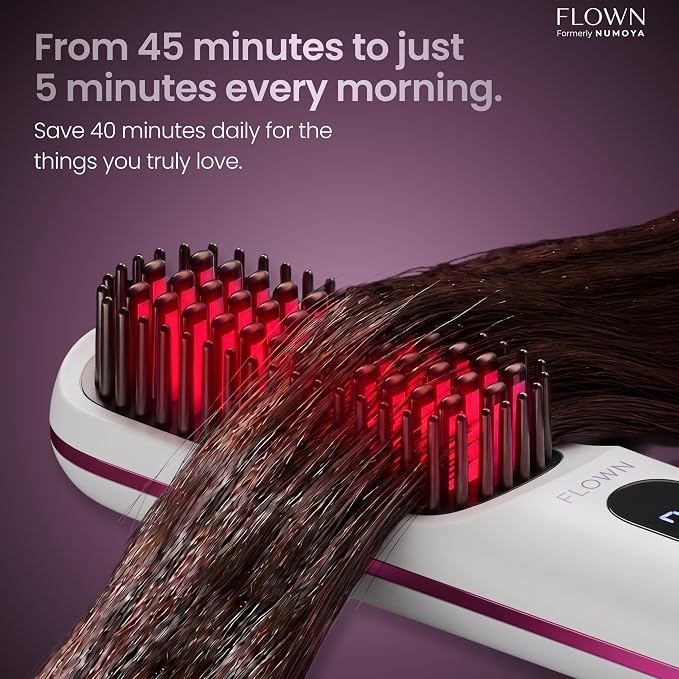 flown® Original Go Brush PRO [Five Minutes Hair Styling Routine] - No Damage Heat Brush with USB-C Charger - Electric Travel Pocket Brush for All Hair Types - White (Formerly Numoya)