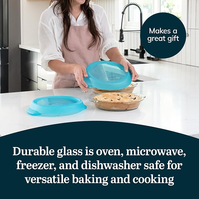 Libbey Baker’s Premium 2 Piece Glass Pie Plate, Stackable, Space Saving Casserole Dish Set with Lids, Glass Baking Dish Set for Fruit Pies, Quiches
