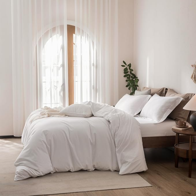 Linen Feel Duvet Cover Queen Size 90inch x 90inch,100% Washed Cotton Duvet Cover with Zipper Closure and 2 Pillowcases, Color of Bright White