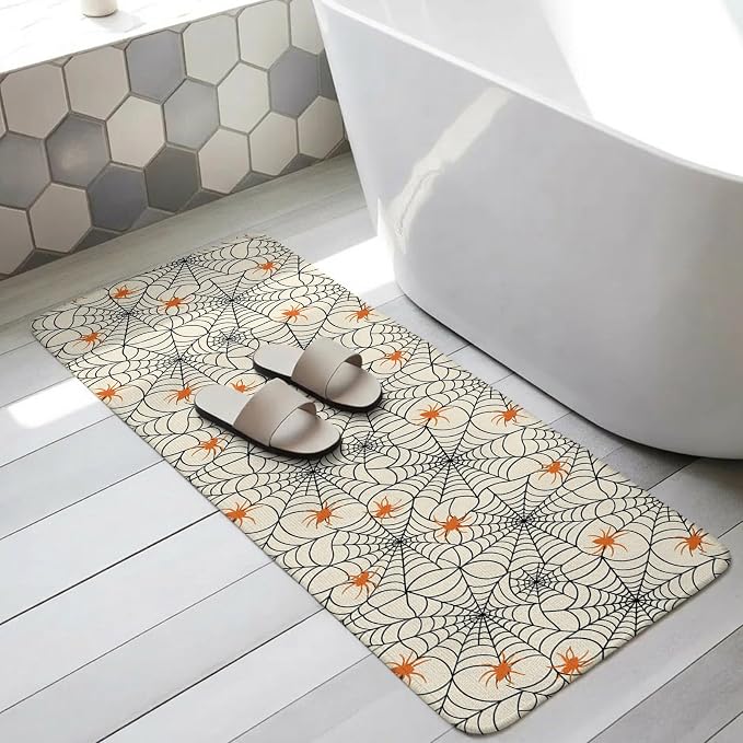 Large Entryway Rug 31.5"x63", Halloween Absorbent Non Slip Indoor Outdoor Floor Mat, Orange Black Net Classic Spiders Gingham Low Profile Area Rug for Front Entrance Mudroom Patio Garage Double Door