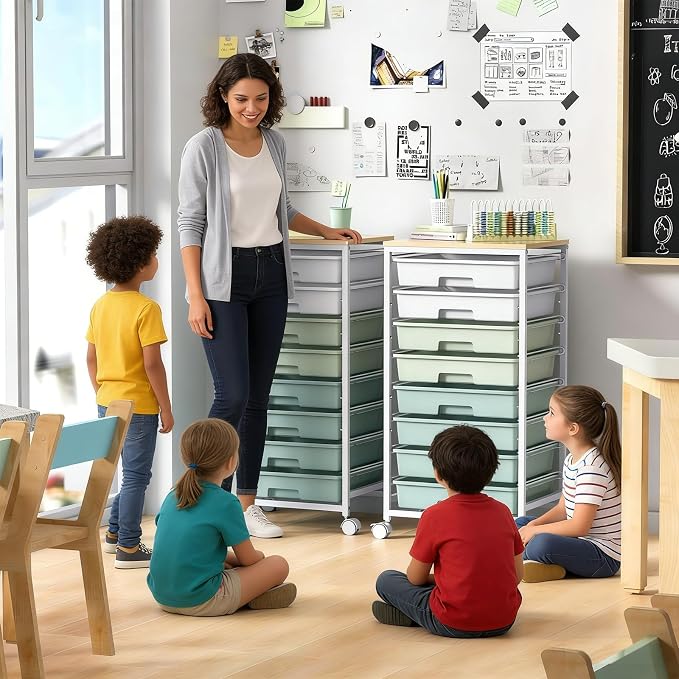Rolling Storage Utility Cart Organizers with 8 Drawers and Wooden Tabletop for Living Room,Office,Classroom,Craft Room,Bedroom,Dorm,Green