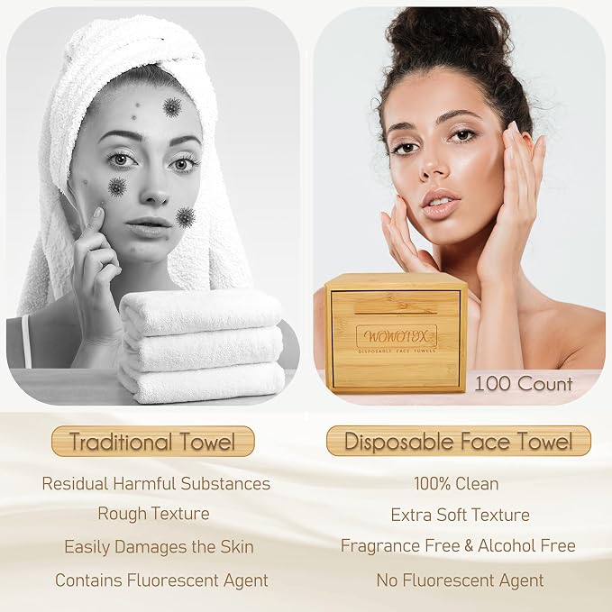 WOWOTEX Bamboo Towel Container with Disposable Face Towels 100 Count | Solid Bamboo Construction, Face Towel Dispenser, Extra Soft Sheets, Ideal For Vanity Skincare, Makeup Removal and Cleansing