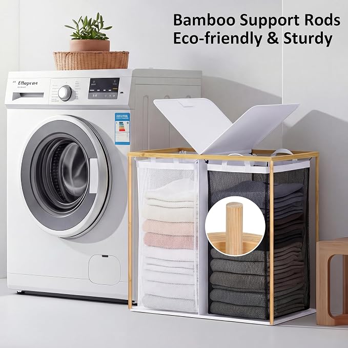 efluky Laundry Hamper with Lid, Double Laundry Basket with 2 Removable Bags, 2 Section Laundry Bin with Bamboo Handles for Bathroom, Bedroom & Laundry Room, 140L (36.9 Gallon) White