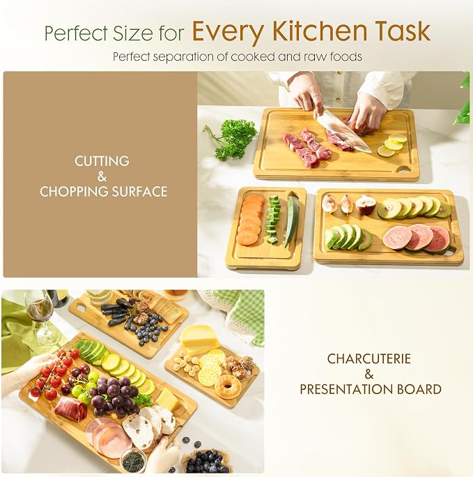Astercook Nature Bamboo Cutting Boards for Kitchen with Wood Storage Stand, Reversible Charcuterie & Chopping Boards with Juice Grooves and Easy-Grip Handles