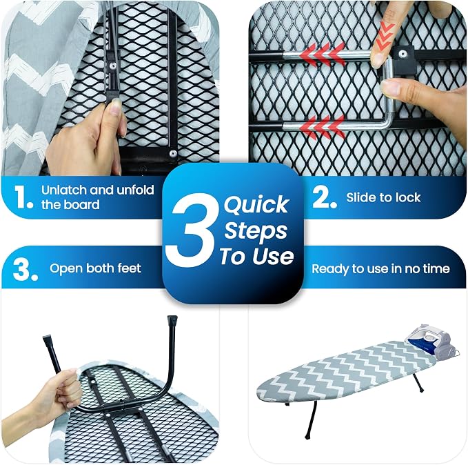 Metal Mesh Panel Tabletop Ironing Board | Foldable Iron Board | Heavy Duty Small Iron Board with Heat Resistant Cover and 100% Cotton 8mm Thicken Pad (Elegant Wave)