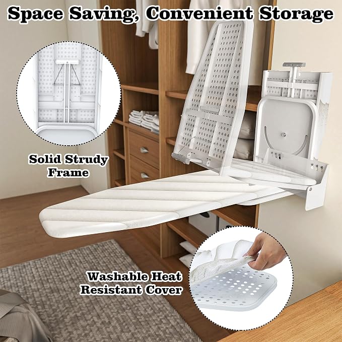MYOYAY Wall Mounted Ironing Board 12 x 37 Inch Space-Saving 180° Swive Fold Away Ironing Board with Heat Resistant Cover for Home House Held Laundry with Manual，White