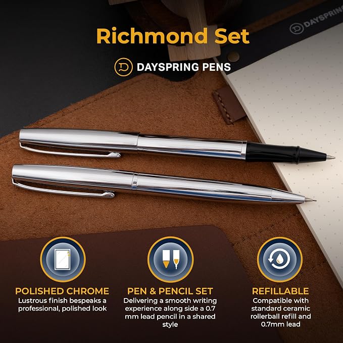 Dayspring Pens Richmond Engraved Capped Rollerball Pen and 0.7mm Pencil Set, Polished Chrome, Personalized Gift for Graduation, Career Advancement, New Job, Birthdays, Gift Box Included