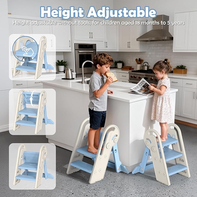 Onasti Toddler Step Stool with Handles, Adjustable Kids Stool Converts from 3-Step to 2-Step, Non-Slip and Anti-Tip Design for Safer Potty Training, Bathroom Sink and Kitchen Counter- Blue