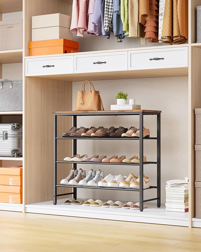 Kitsure Shoe Rack for Closet, Rustic Brown Shoe Organizer with Leveling Feet, Sturdy & Rust-Proof Shoe Storage for Entryway, Bedroom, Living Room, 29.5" x 11.4" x 24.8", Brown