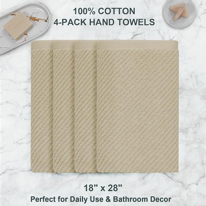 VOOVA & MOVAS Bathroom Hand Towels 4PC, 100% Cotton, 18x28 in, Dark Beige | Thick, Quick Dry, Soft, Absorbent, Luxury Towel Set, Bathroom Essentials, Ideal For Home, Guest Bathroom