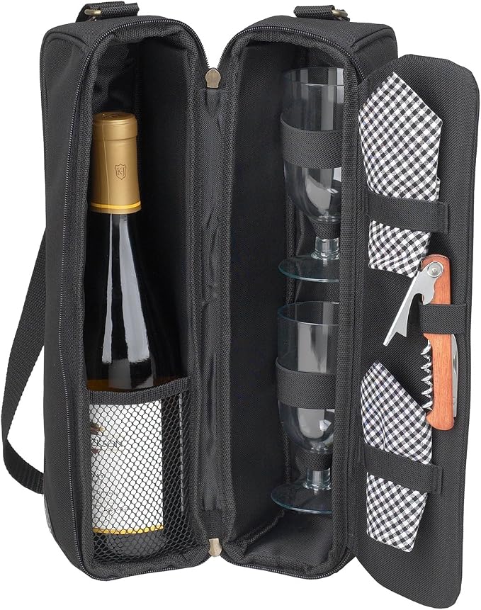Picnic at Ascot Insulated Wine Tote with 2 Wine Glasses, Napkins and Corkscrew -Designed & Assembled in the USA