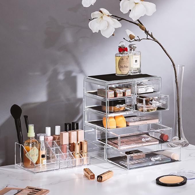 Sorbus Acrylic Makeup Organizer Set, 7-Drawer Vanity & Countertop Cosmetic Storage with Small & Wide Compartments, CLear Makeup Storage for Brushes, Jewelry – Holiday Gift for Women & Teens