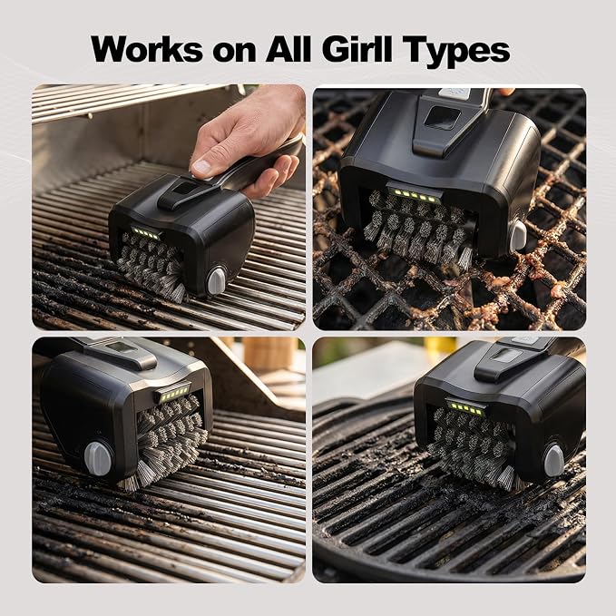 Electric Grill Brush for Outdoor Grill, 4000mAh Dual Speed Motorized BBQ Cleaner, Cordless Rechargeable with LED Light, No Shedding 304 Stainless Steel, Replaceable Head, Gifts for Men Dad