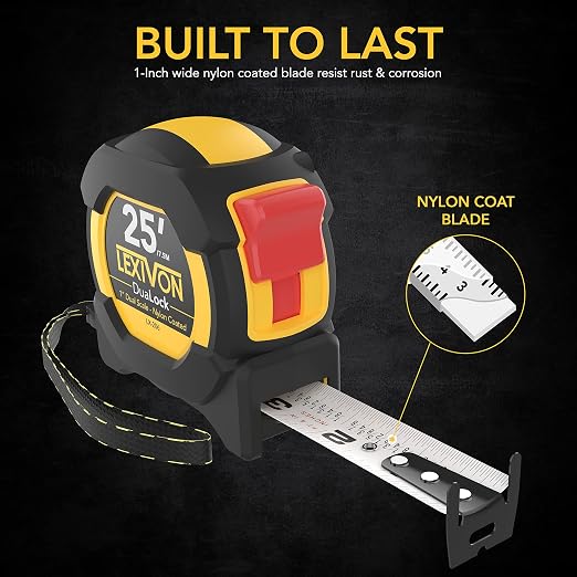 LEXIVON 25Ft/7.5m DuaLock Tape Measure | 1-Inch Wide Blade with Nylon Coating, Matt Finish White & Yellow Dual Sided Rule Print | Ft/Inch/Fractions/Metric (LX-206)