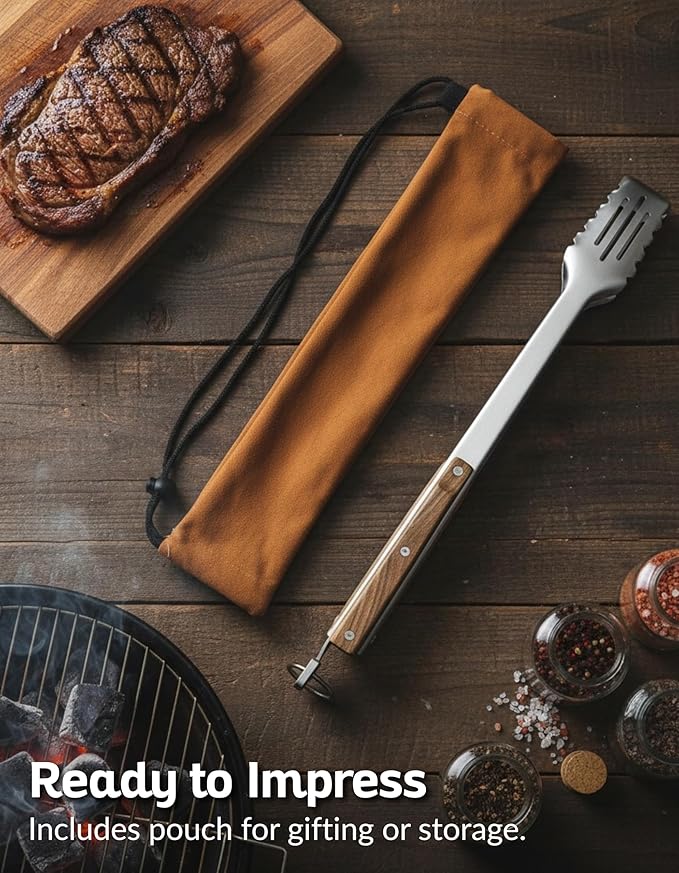 17-Inch Grill Tongs, Heavy Duty 304 Stainless Steel BBQ Tongs, Extra-Long Locking Grilling Tongs for Outdoor Grill & Smoker, Walnut Handle, Gift Pouch