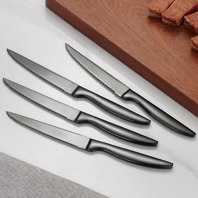 SuperCook Black Steak Knives of 12, High End Stainless Steel Steak Knives Set of 12, Dishwasher Safe Steak Knive, Serrated