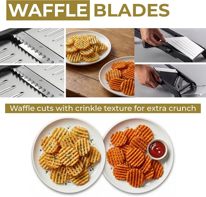 Gramercy Adjustable Mandoline Slicer for Kitchen, Potato Cutter, Vegetable Chopper, Mandolin, Cucumber Slicer- INCLUDING one Pair Cut-Resistant Gloves and Waffle Fry Cutter