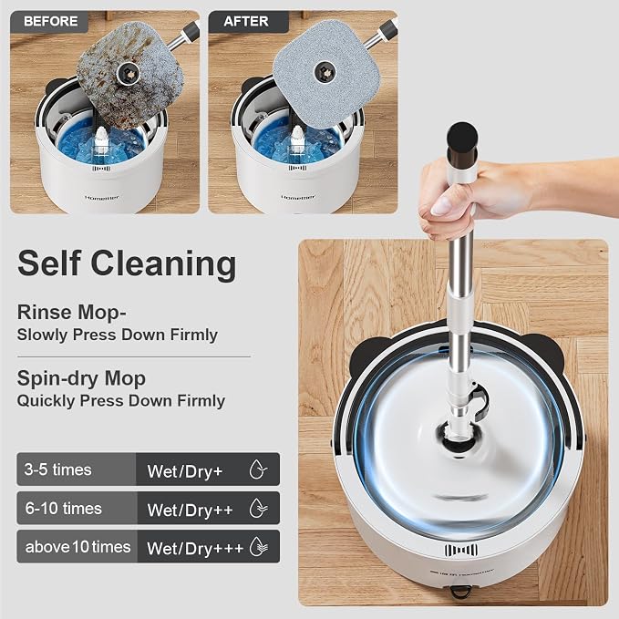 HoMettler Mop and Bucket Set, Dual-Tank Clean/Dirty Water Separation, with Triangular Head & 4 Microfiber Pads for Deep-Cleaning Floors, Versatile Mops for Walls