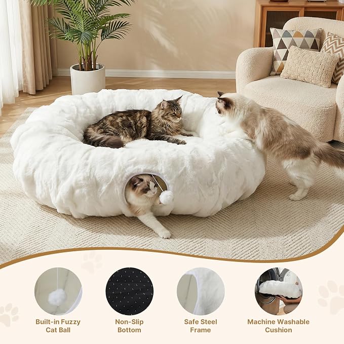 Extra Large Cat Tunnel, 47.2in Luxury Tunnel for Large Cats, Extra Long Bubble Fleece Big Cat Tunnel for Cats with Washable Mat, Skin-Friendly Large Tunnel for Cats, Puppy, Rabbits White
