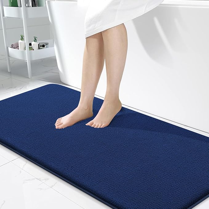 OLANLY Memory Foam Bathroom Runner Rug 47x24, Absorbent Long Bath Mat, Navy | Soft Quick Dry Bath Mat Rugs, Non-Slip, Machine Washable Mat for Bathroom Floor, Tub and Shower, Home Decor Accessories