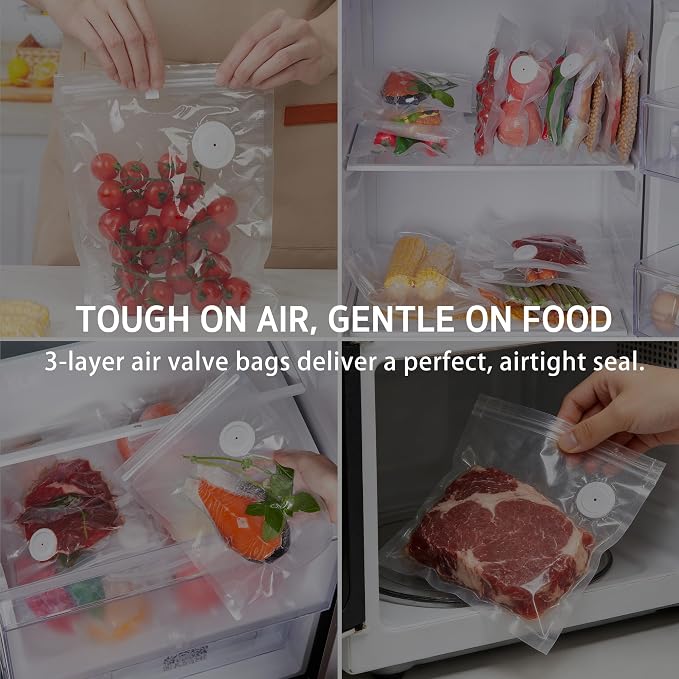 Syntus 30 Pcs Reusable Vacuum Sealer Bags for Food, 12"x13" Large Size | Upgraded Air Valve, Microwave Sous Vide Freezer Meal Prep, Leak-Proof, Food Storage Zipper Bags, for Compact Vacuum Sealer