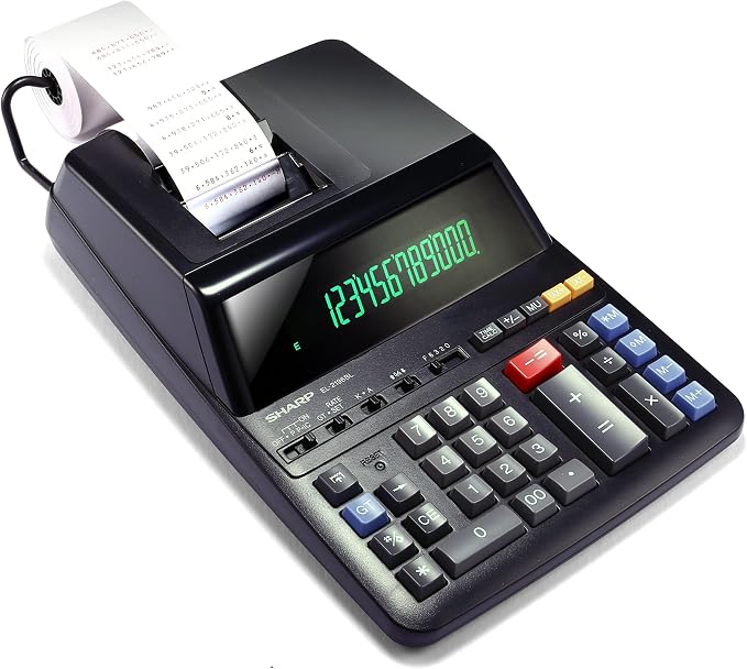 Sharp 12-Digit Print Calculator Desktop Size Adding Machine, Perfect for Everyday Use and Office, Bright, Large Easy-to-Read Numbers on Both the Display and the Two-ColorPrinted Tape (EL2196BL)