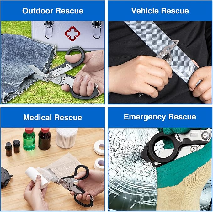 Heavy Duty 6 in 1 Multifunctional Trauma Shears Foldable | Stainless Steel emergency response scissors | Survival Shears with Holster | Medical Trauma shears Tactical With Strap Cutter | Black