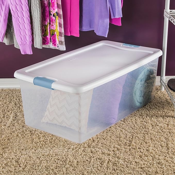 Sterilite 12-Pack Latching Box, Under Bed Storage Bins with Lids, Clear Plastic, 106 Quart - Heavy-Duty Organizing Containers for Closet, Bathroom, and Office