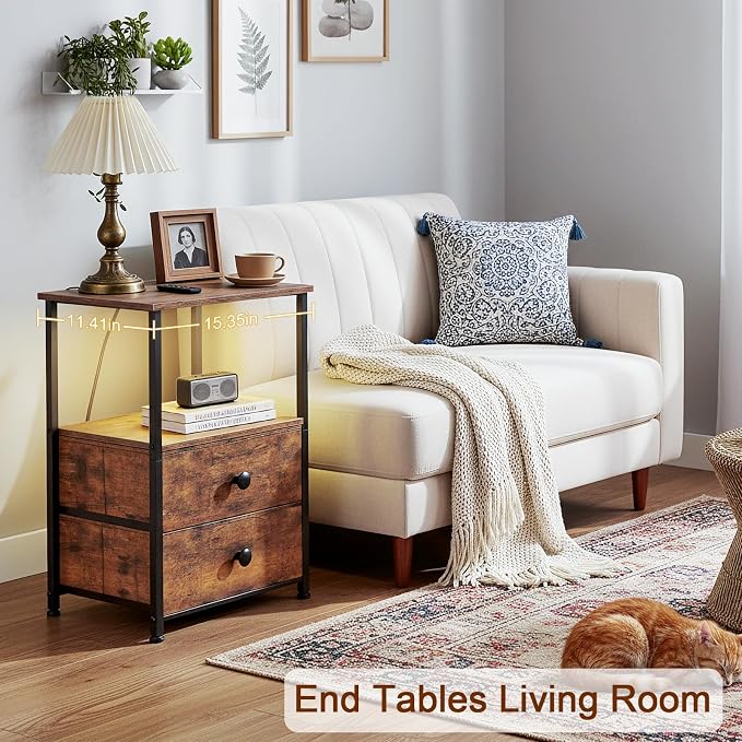 Nightstands Set of 2, LED Night Stand with Charging Station | Bedside Table with Type-C Outlets & 2 Fabric Drawers, End Tables with Storage Shelf for Bedroom, Small Spaces, Brown