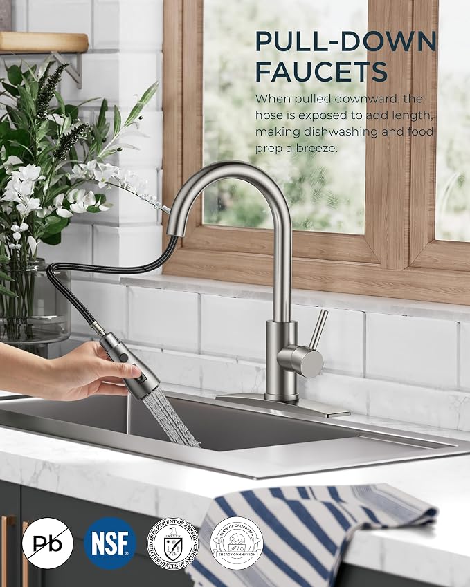 FORIOUS Kitchen Faucet with Pull Down Sprayer, Brushed Nickel, Bar High Arc Single Handle Traditional 3 Modes Stainless Steel Faucet for Kitchen Sink Farmhouse RV Laundry Camper