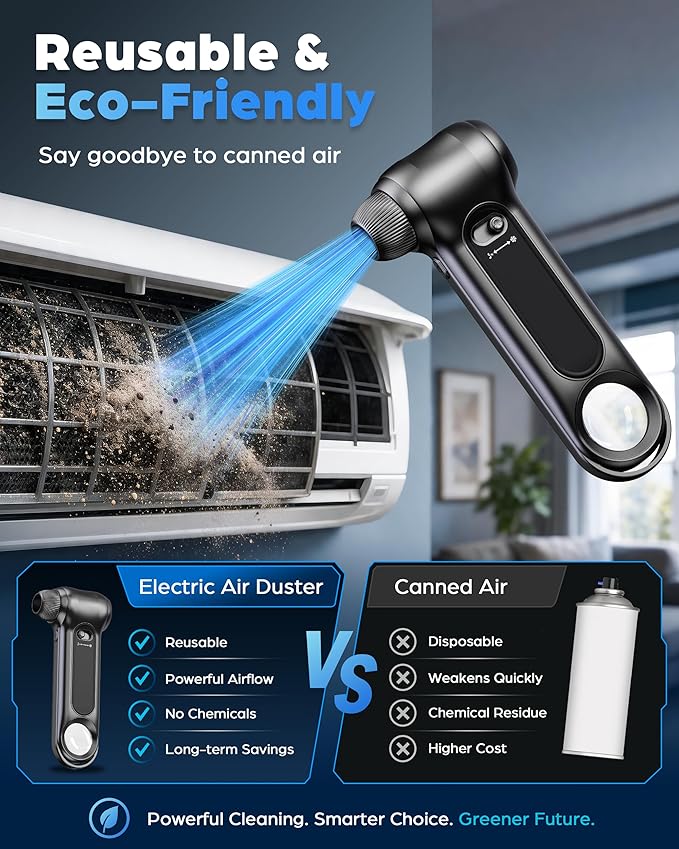 Compressed Air Duster-150000RPM Brushless Motor, Stepless Speed, Rechargeable Powerful Cordless Blower, Portable Air Duster with LED & Magnifier, Nozzle Kit for Keyboard Electronics Car Home (Black)