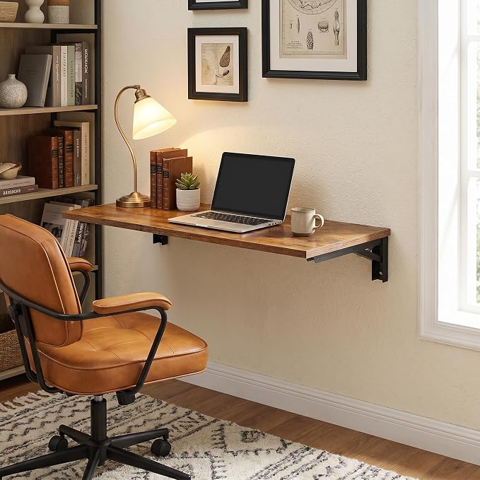 Need 36x20IN Wall Mounted Folding Table for Office Laundry Retro | Black Frame Fold Down Wall Mount Desk Folding Wall Table for Small Apartment, Garage&Ironing Station