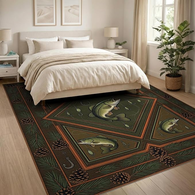 8'x10' Washable Area Rug Bass Lure Cabin Pinecone Hook Border Tackle Motif Fish Fishing Refined for Dining Room, Large Office, Lounge, Non-Slip Chair-Friendly